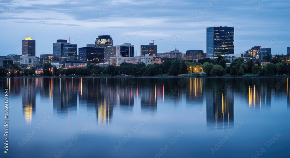 Naklejka premium Twilight Serenity: Urban Skyline over Calm Waters