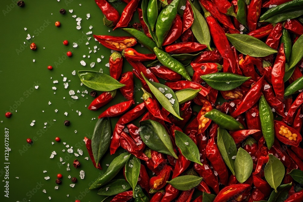 Vibrant collection of red and green chilies with fresh herbs on a rich green background during a culinary preparation Vibrant collection of red and green chilies with fresh herbs on a rich green background during a culinary preparation