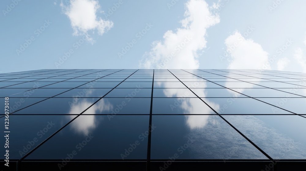Skyscraper facade reflecting clouds, city backdrop, sustainable energy Skyscraper facade reflecting clouds, city backdrop, sustainable energy
