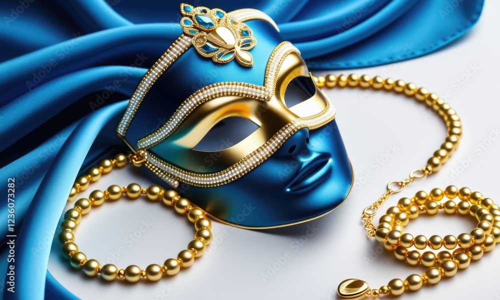 Elegant blue and gold mask with pearls and jewelry on silk fabric background Elegant blue and gold mask with pearls and jewelry on silk fabric background