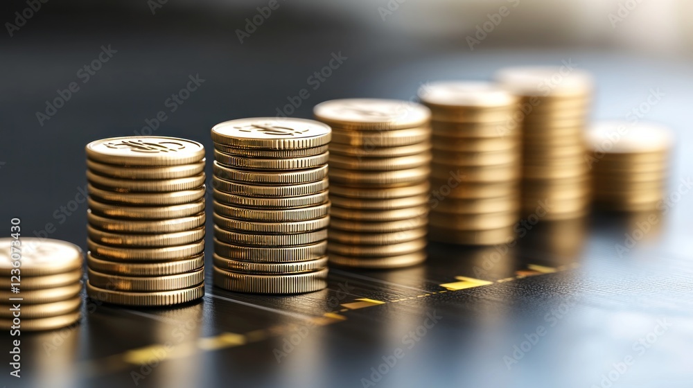 Growing gold coins on financial chart background Growing gold coins on financial chart background