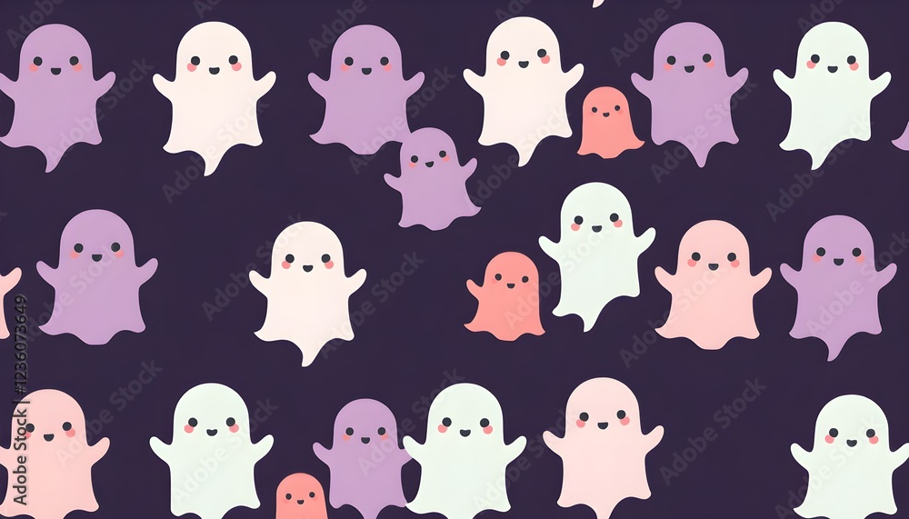 Obraz premium A pattern of cute, cartoonish ghosts in various pastel colors like pink, purple, and coral, arranged in a grid with a dark background. The ghosts have small eyes and a friendly appearance.