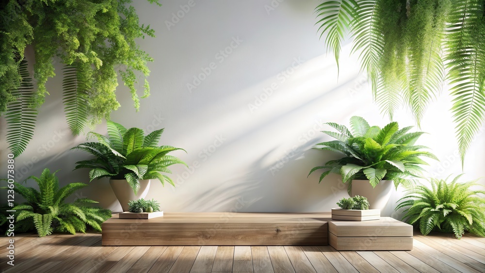 Minimalist wooden platform with lush greenery, a natural backdrop for showcasing products or displaying art Minimalist wooden platform with lush greenery, a natural backdrop for showcasing products or displaying art