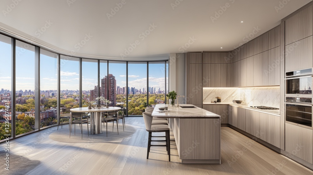 Fototapeta premium Luxury city apartment kitchen, panoramic view, autumn, dining area