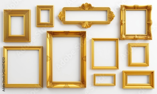 Elegant gold frames collection on white wall for creative display or decoration