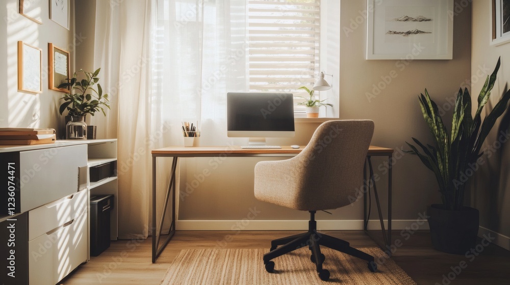 Modern Home Office Workspace with Natural Light and Plants Modern Home Office Workspace with Natural Light and Plants