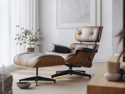 Eames lounge chair and ottoman in a modern living room with neutral tones and plant photo