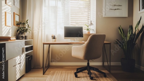 Modern Home Office Workspace with Natural Light and Plants