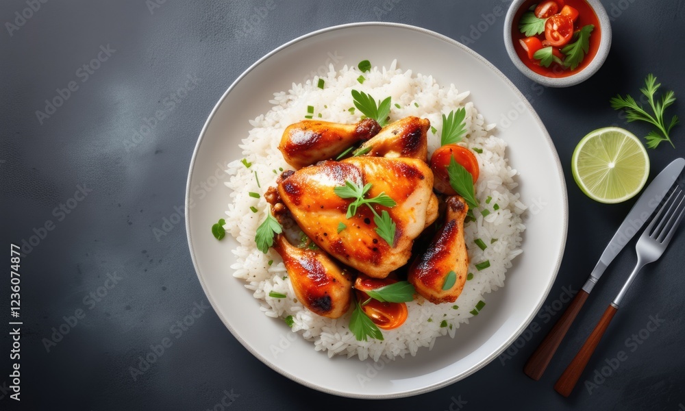 Grilled chicken with rice and vegetables garnished with herbs on a dark background Grilled chicken with rice and vegetables garnished with herbs on a dark background