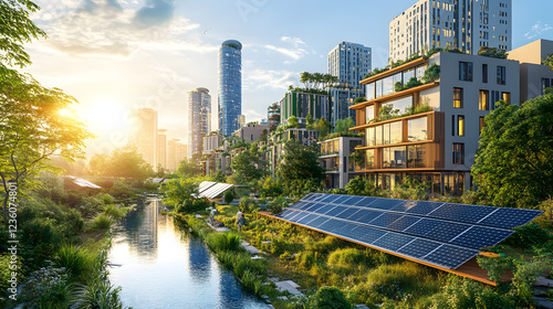 Fototapeta Naklejka Na Ścianę i Meble -  A sustainable city with solar panels integrated into the architecture, reducing energy consumption and promoting eco-friendly solutions.