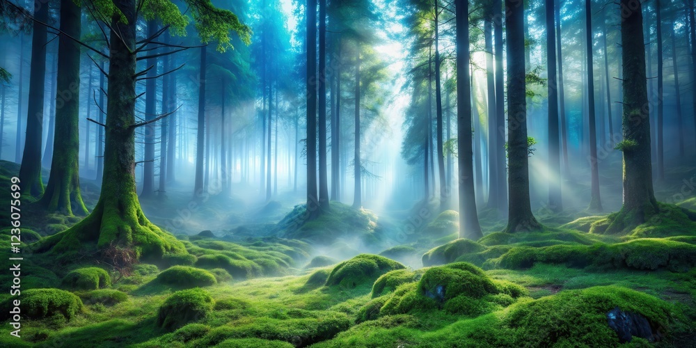 Obraz premium Sunbeams pierce through the dense fog of a moss-covered forest, illuminating the ancient trees and casting an ethereal glow on the woodland floor