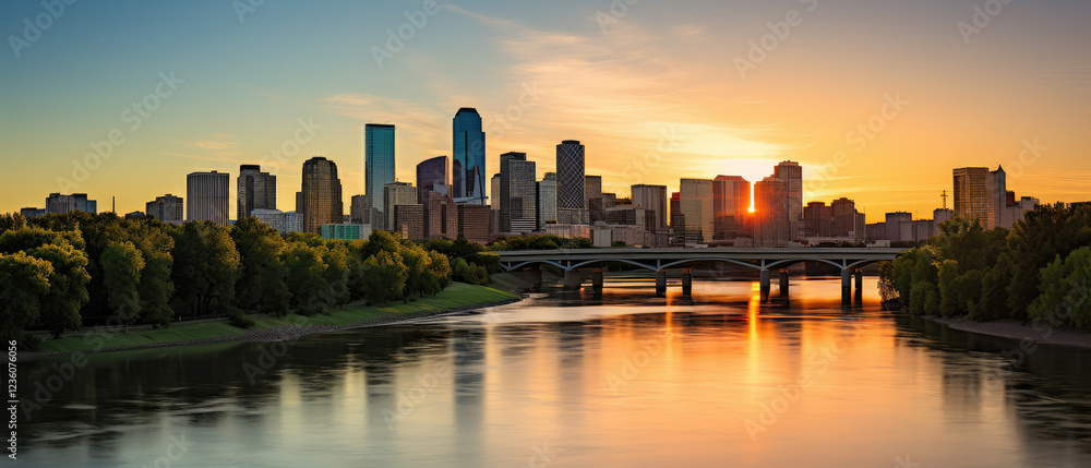 Fototapeta premium Urban Skyline at Sunset Above Tranquil River