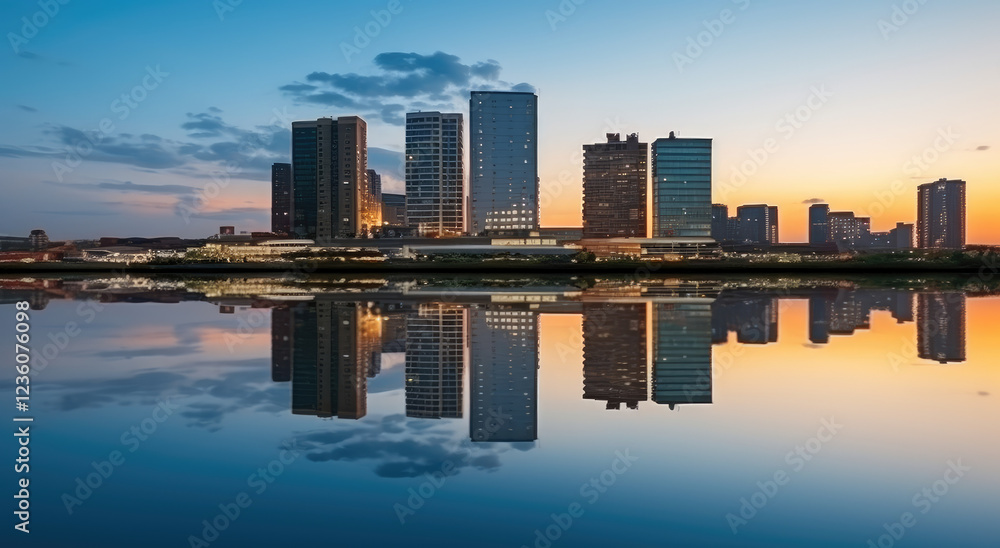 Fototapeta premium Modern City Skyline at Sunset Reflection