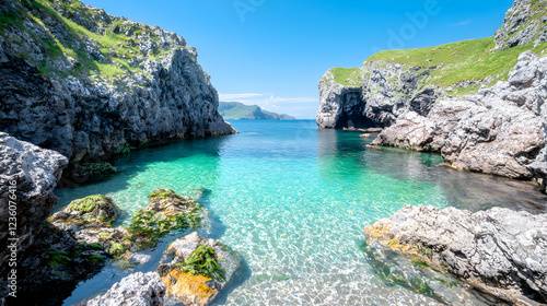 Crystal clear turquoise water in a secluded rocky cove surrounded by green cliffs under a bright blue sky.