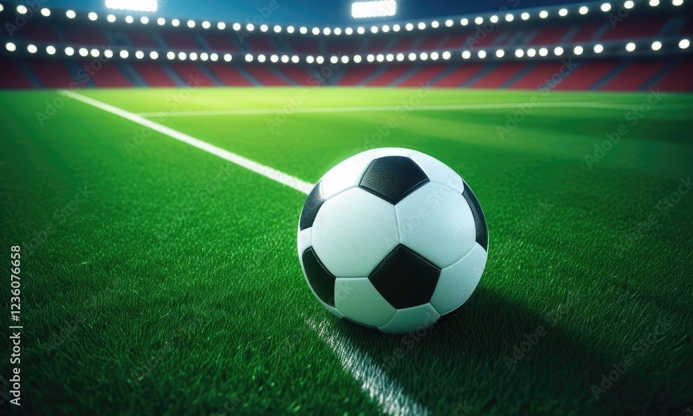 Soccer ball on vibrant green field under stadium lights Soccer ball on vibrant green field under stadium lights