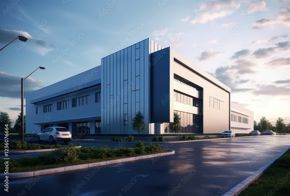 Fototapeta premium Sleek Modern Office Building at Dusk
