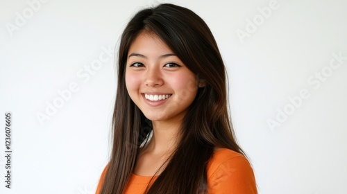 Smiling Asian woman headshot, studio, white background, profile picture