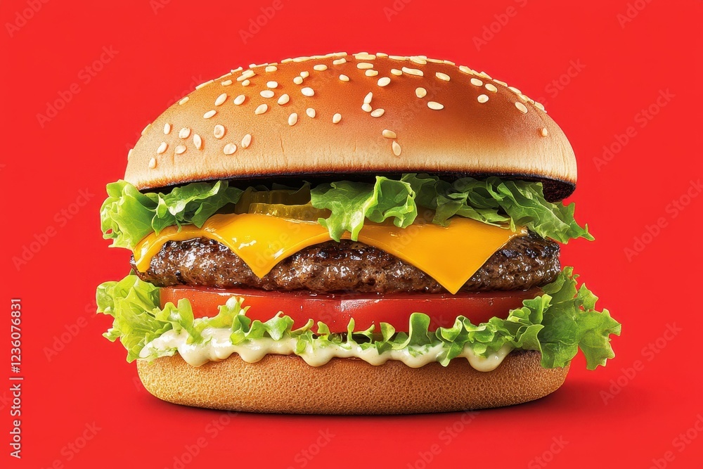 Juicy burger with fresh ingredients nestled on a vibrant red background perfect for a summer feast Juicy burger with fresh ingredients nestled on a vibrant red background perfect for a summer feast