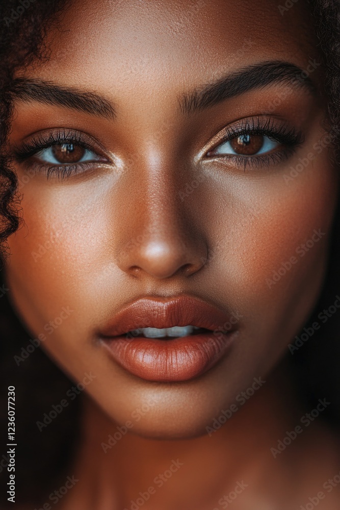Close-up portrait of a woman with brown hair and facial features Close-up portrait of a woman with brown hair and facial features