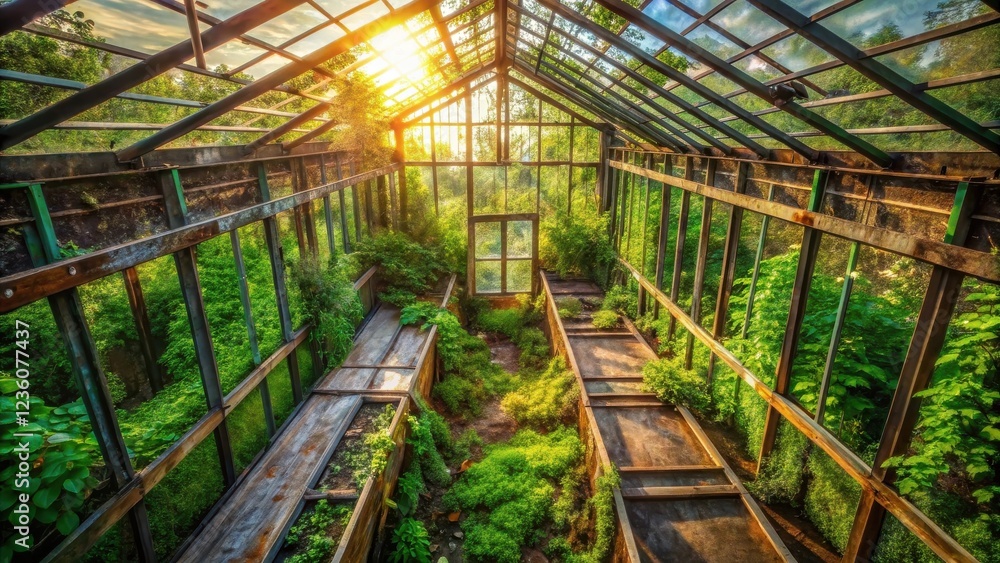 An abandoned greenhouse, bathed in sunlight, with the remnants of a flourishing garden, revealing the enduring power of nature An abandoned greenhouse, bathed in sunlight, with the remnants of a flourishing garden, revealing the enduring power of nature