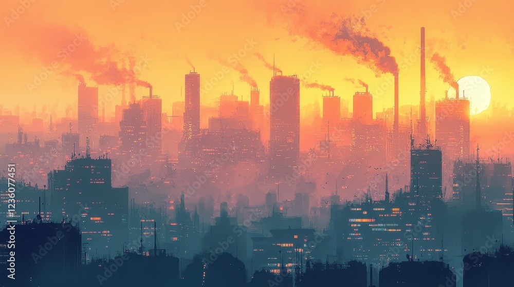 Fototapeta premium As the sun sets, the city skyline is bathed in a warm orange light, with smoke rising from factories and a dense urban atmosphere filled with activity and life