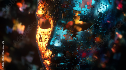 A metallic mask composed of interconnected puzzle pieces.