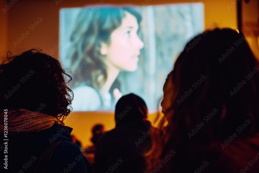 A crowd of people gathered to watch a film on a big screen A crowd of people gathered to watch a film on a big screen