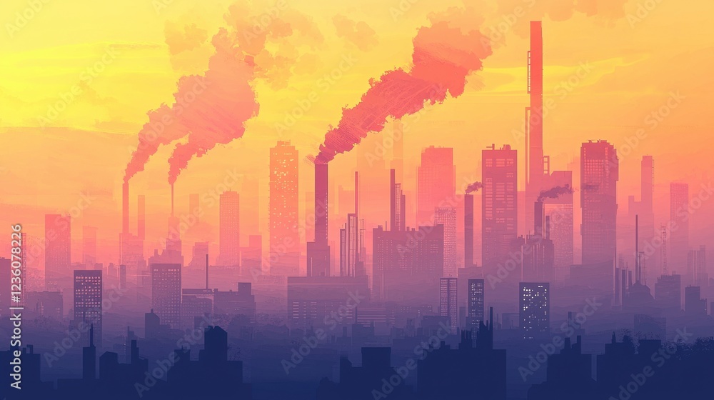 Fototapeta premium Industrial buildings dominate the skyline as vibrant orange and pink hues illuminate the sunset. Smoke rises from chimneys, blending into the colorful sky above the city