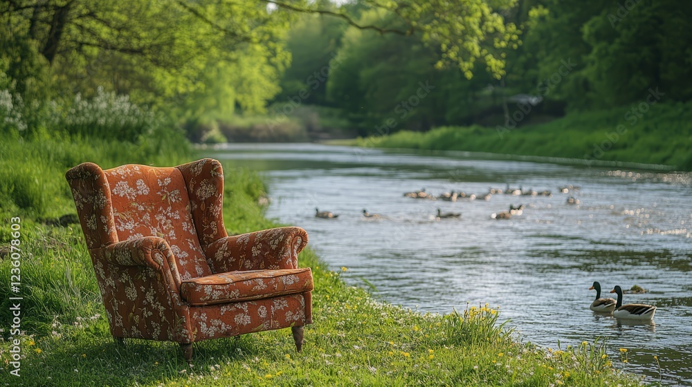 Obraz premium A chair set on a grassy riverside spot in spring, with ducks swimming by 