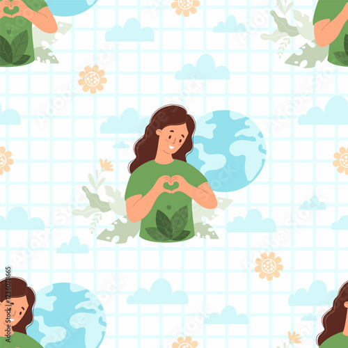 Eco friendly Seamless pattern. Woman in green recycling clothes Making Heart Gesture surrounded by Earth on white checkered background. Vector illustration. Earth Day. Nature and environmental care