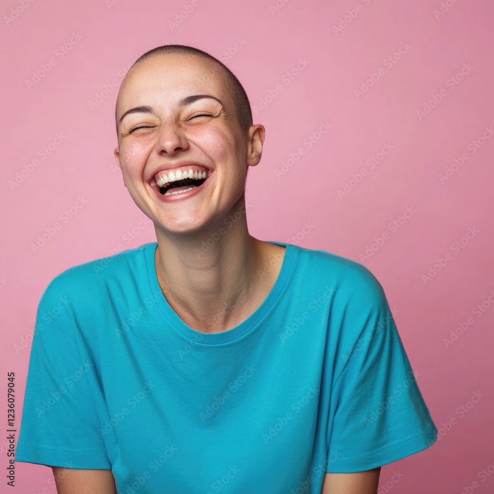 A woman with a bold and confident smile, showing off her newly shaved head A woman with a bold and confident smile, showing off her newly shaved head
