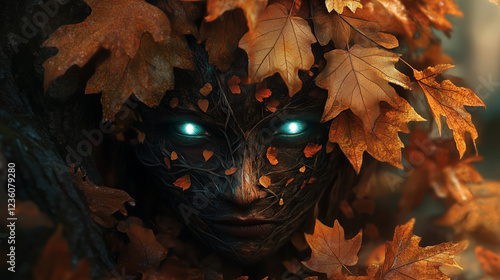 Enigmatic face with glowing eyes among autumn leaves.