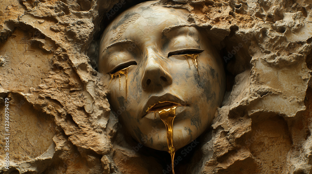 Woman's face in stone with golden tears. Woman's face in stone with golden tears.