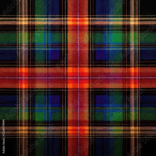 The traditional tartan pattern of Scotland is a iconic and culturally significant design characterized by its distinctive crisscrossing horizontal and vertical bands in multiple colors. These patterns photo