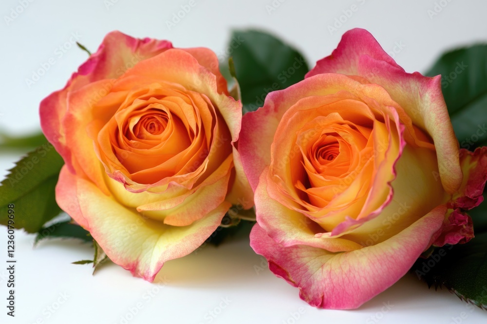 Fototapeta premium Two orange roses with green leaves on a white surface