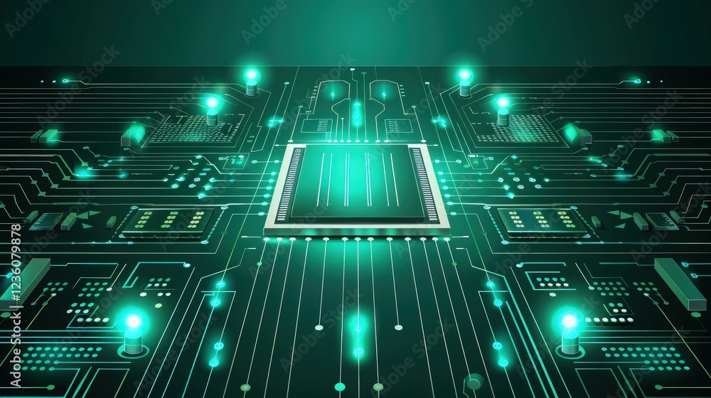 Fototapeta premium Futuristic Circuit Board: A Microchip's Glowing Core
