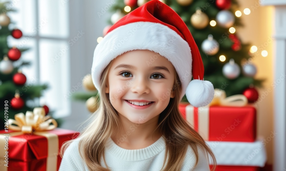 Smiling child in santa hat with christmas tree and gifts in background Smiling child in santa hat with christmas tree and gifts in background