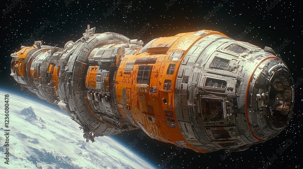 Spacecraft orbiting Earth, stars background, science fiction, futuristic design Spacecraft orbiting Earth, stars background, science fiction, futuristic design