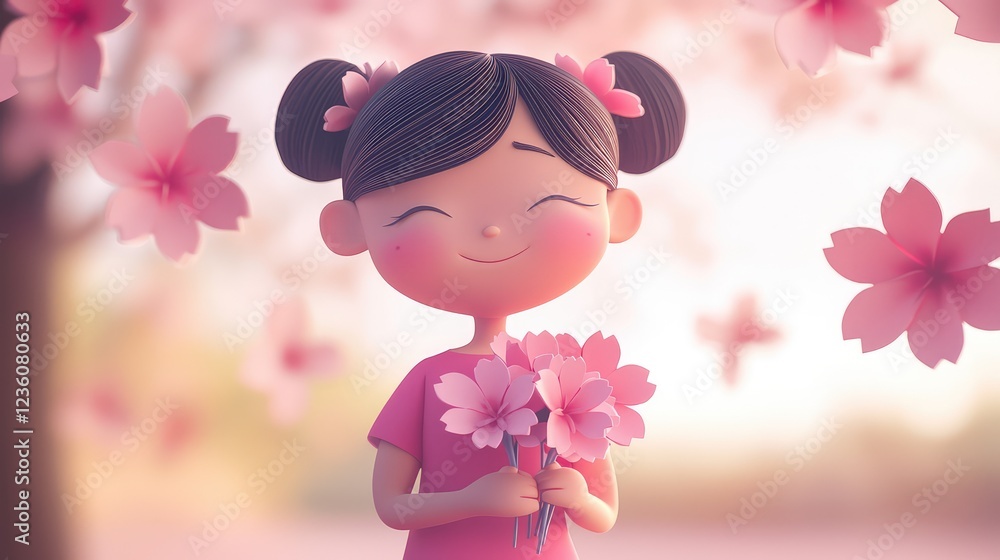 Happy girl with flowers smiling in a blooming cherry blossom landscape during a bright spring day Happy girl with flowers smiling in a blooming cherry blossom landscape during a bright spring day