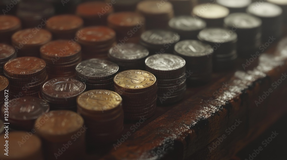 Old coins stacked, wooden surface, sunlit, finance concept Old coins stacked, wooden surface, sunlit, finance concept