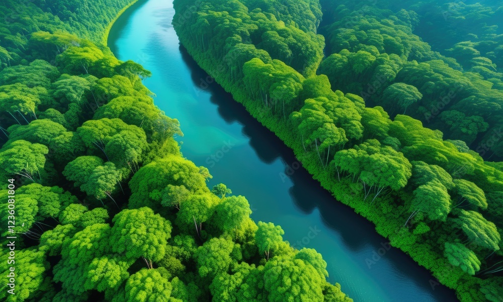 Lush green tropical forest with serene river aerial view Lush green tropical forest with serene river aerial view