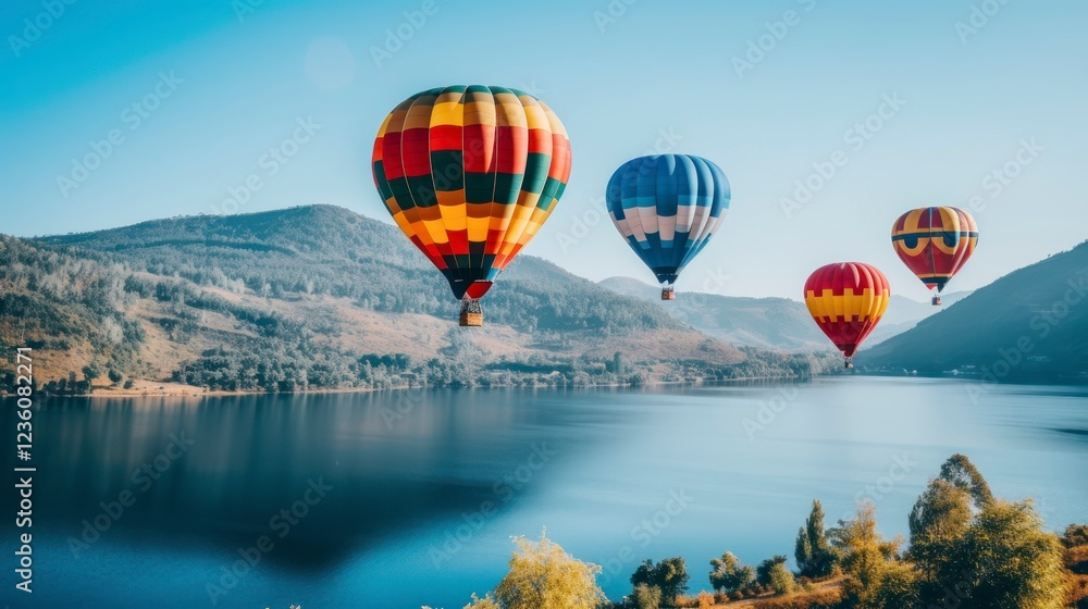Fototapeta premium Hot air balloons flying over mountain at sunrise