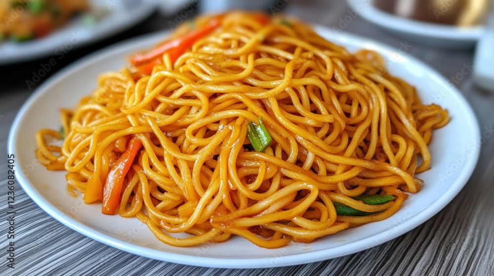 Stir-fried yellow noodles in a frying pan, with a touch of chili oil and crisp vegetables adding a flavorful twist. Stir-fried yellow noodles in a frying pan, with a touch of chili oil and crisp vegetables adding a flavorful twist.
