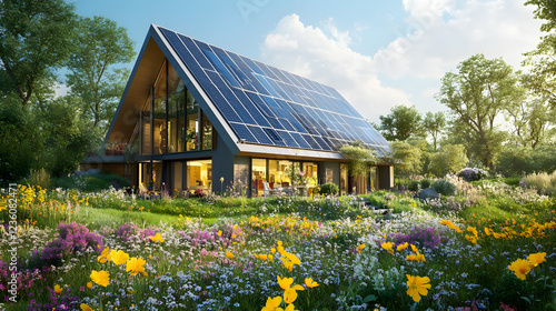 A sustainable eco-house with solar panels and natural landscaping, designed to minimize energy consumption while harmonizing with the environment. photo