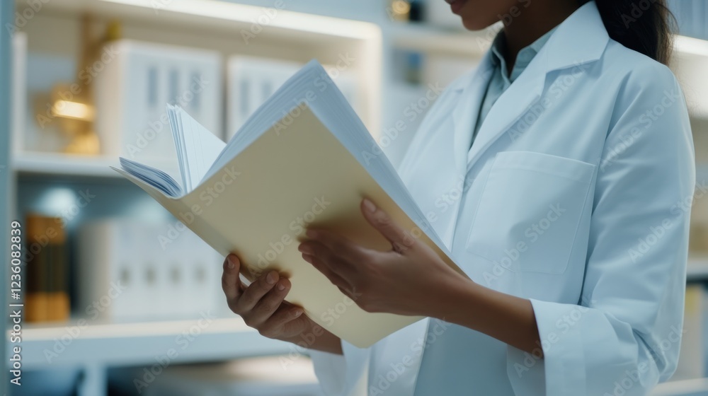 Scientist reviewing file, lab, research, shelving Scientist reviewing file, lab, research, shelving