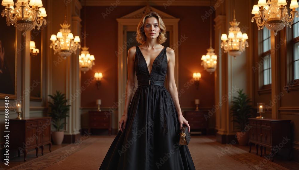 Naklejka premium Confident woman in elegant black gown standing in grand ballroom, luxury
