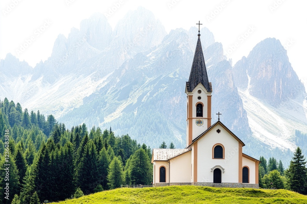 A small church with a pointed steeple sits atop a hill, surrounded by greenery A small church with a pointed steeple sits atop a hill, surrounded by greenery