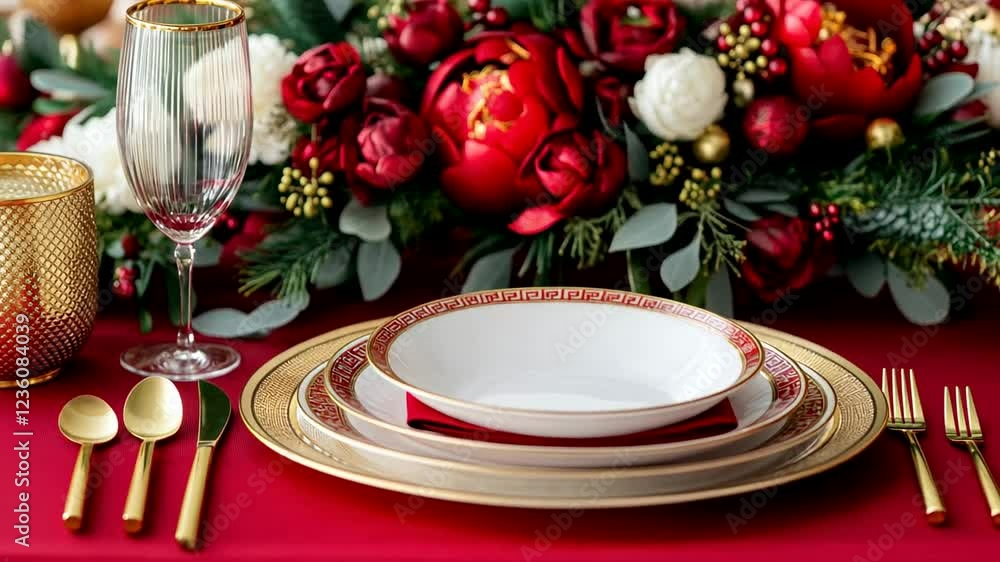 Elegant holiday table setting with red and gold accents is perfect for Christmas celebrations Elegant holiday table setting with red and gold accents is perfect for Christmas celebrations