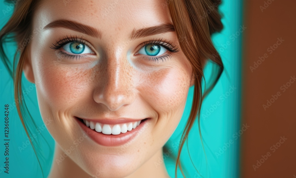 Portrait of a smiling woman with freckles and bright blue eyes Portrait of a smiling woman with freckles and bright blue eyes