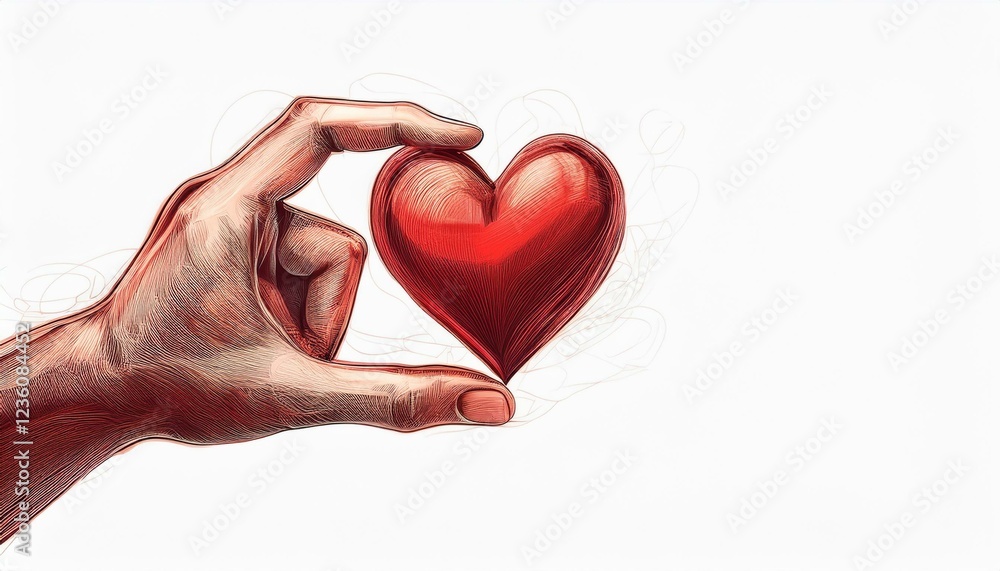 Generated Hand red heart line art illustration isolated on white Generated Hand red heart line art illustration isolated on white